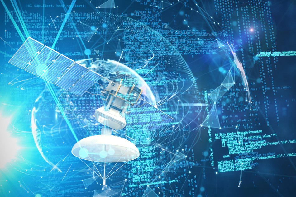 Low angle view of 3d solar satellite against global technology b